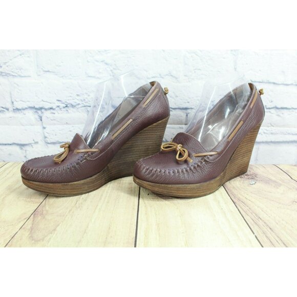 LL Bean Brown Leather Wedge Heel Moccasin Loafer Platform Shoes Size 9.5 M - Picture 2 of 9
